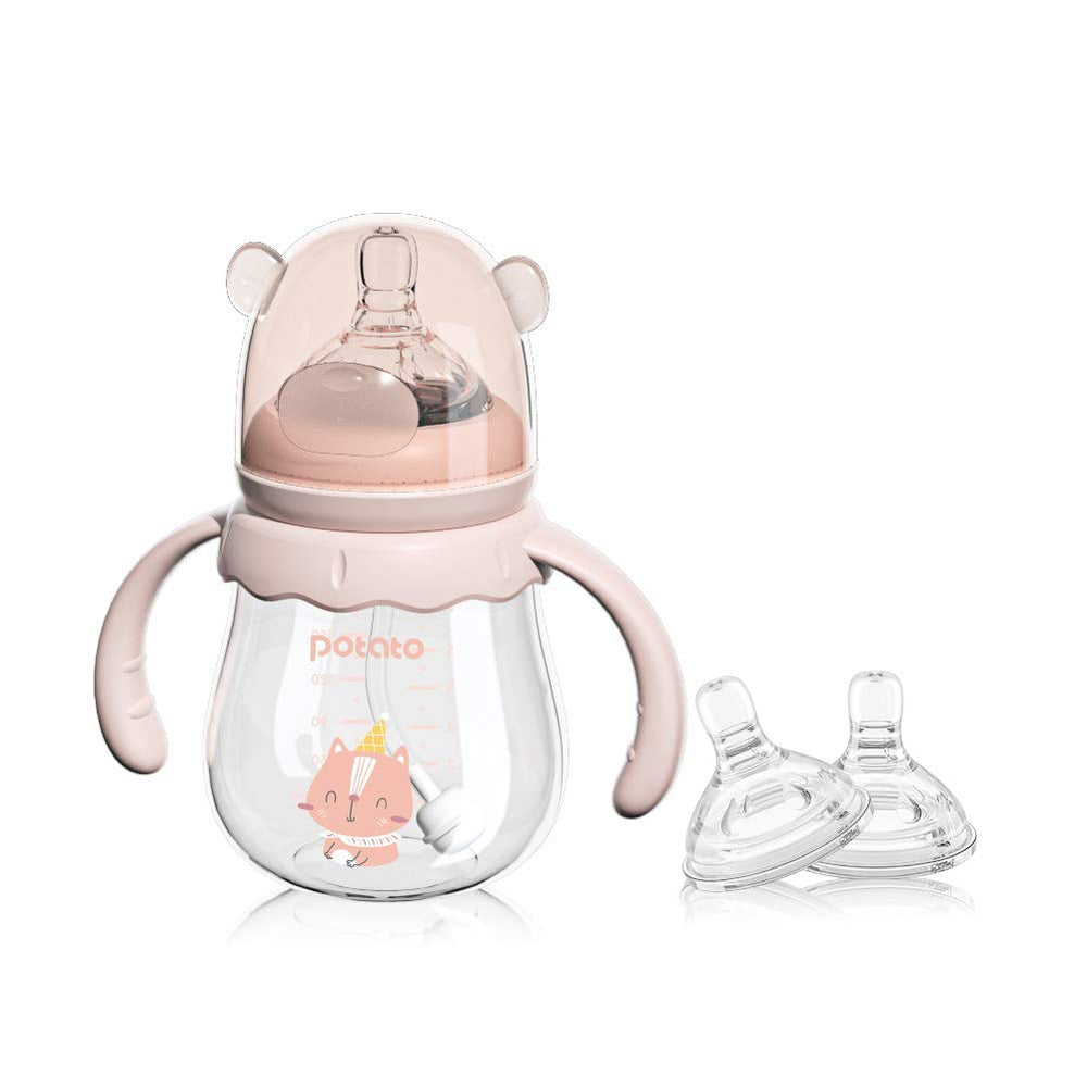 Potato glass baby bottle pink 6oz highlights safe borosilicate glass and cleanability
