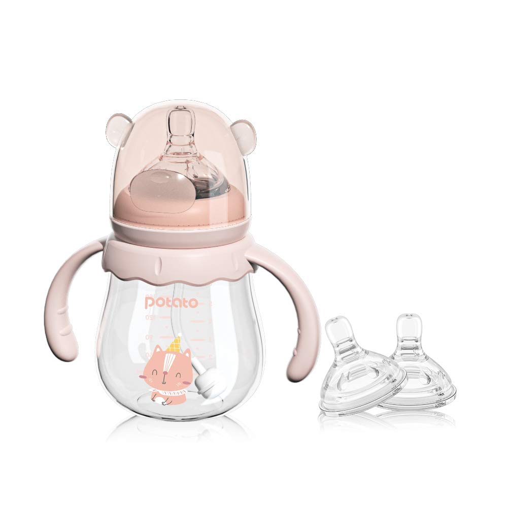 Potato glass baby bottle pink 6oz highlights safe borosilicate glass and cleanability