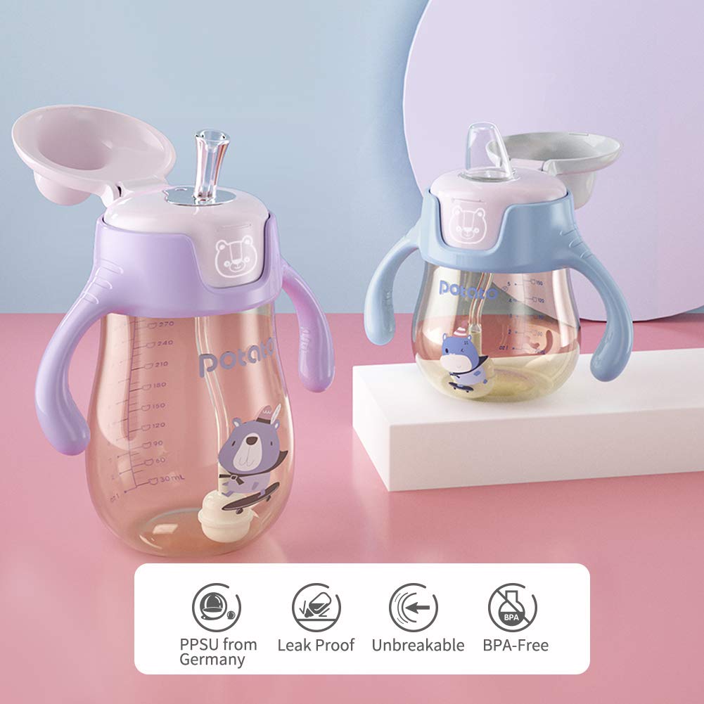 POTATO sippy cup with 2 spouts supports ages 6–12 months and beyond.