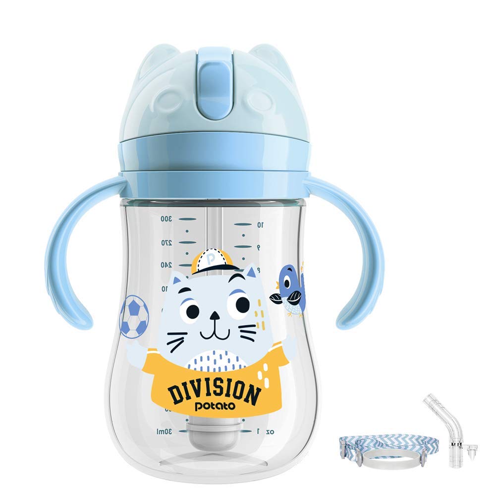 POTATO 8oz spill-proof sippy blue with leak-proof lid, ideal for home and travel.