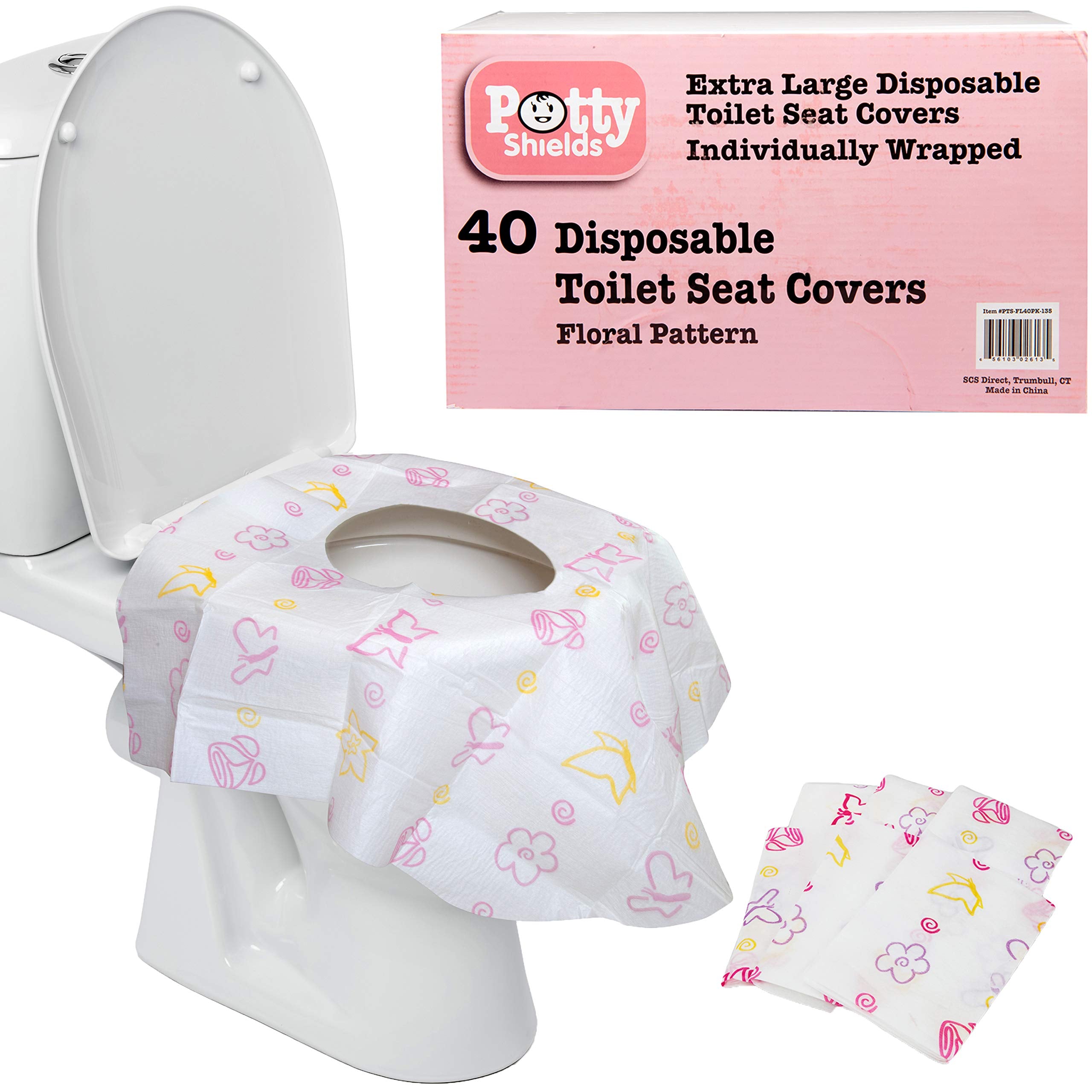 Potty Shields floral 40-pack packaging for easy grab-and-go protection in public restrooms.