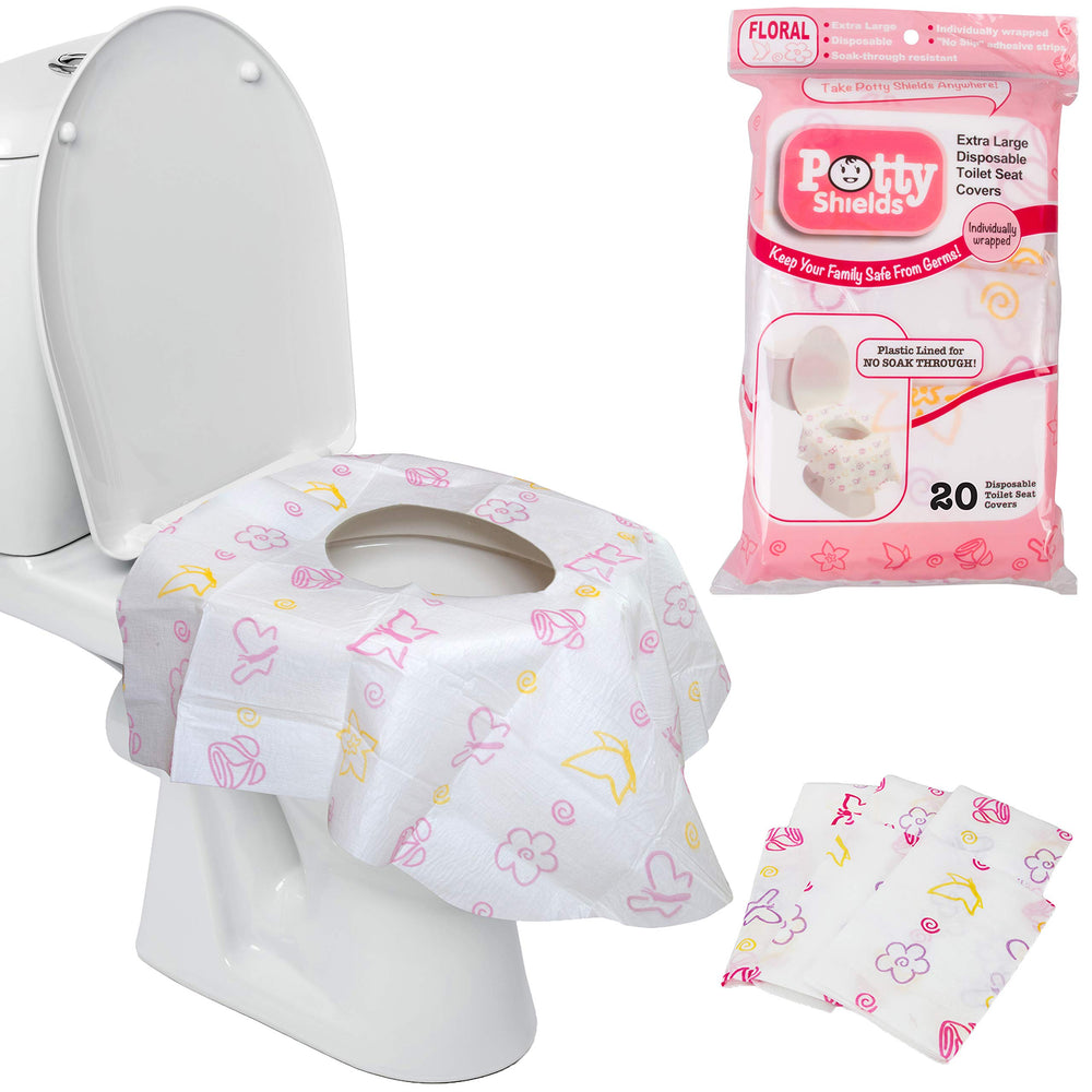 Potty Shields Floral XL toilet cover offers full-coverage protection for clean seating.