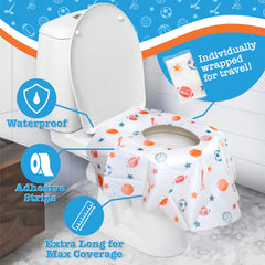 POTTY SHIELDS no-slip adhesive strips help keep the cover in place.