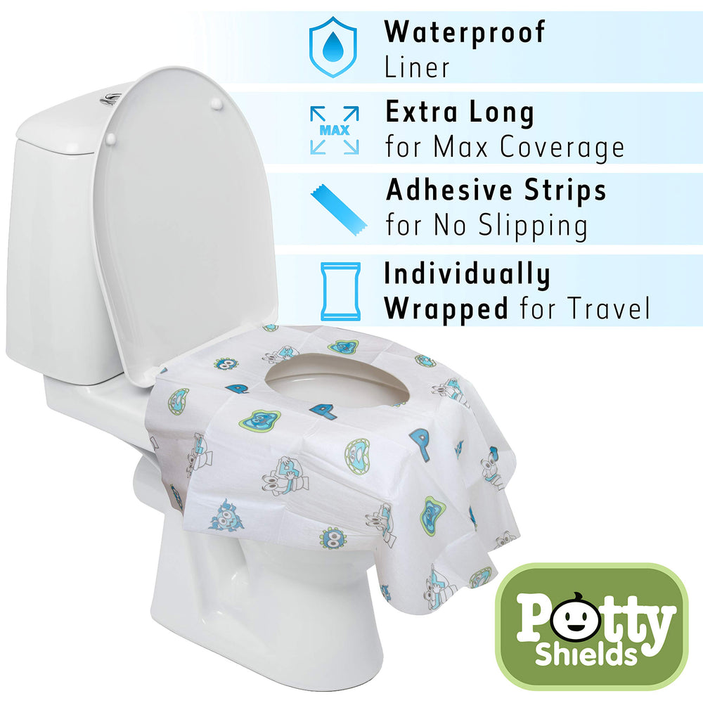 Potty Shields XL adhesive strip option shows secure placement for kids.