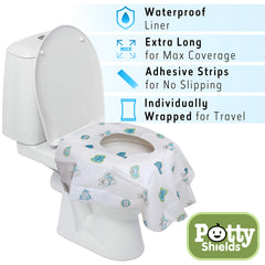 Potty Shields XL adhesive strip option shows secure placement for kids.