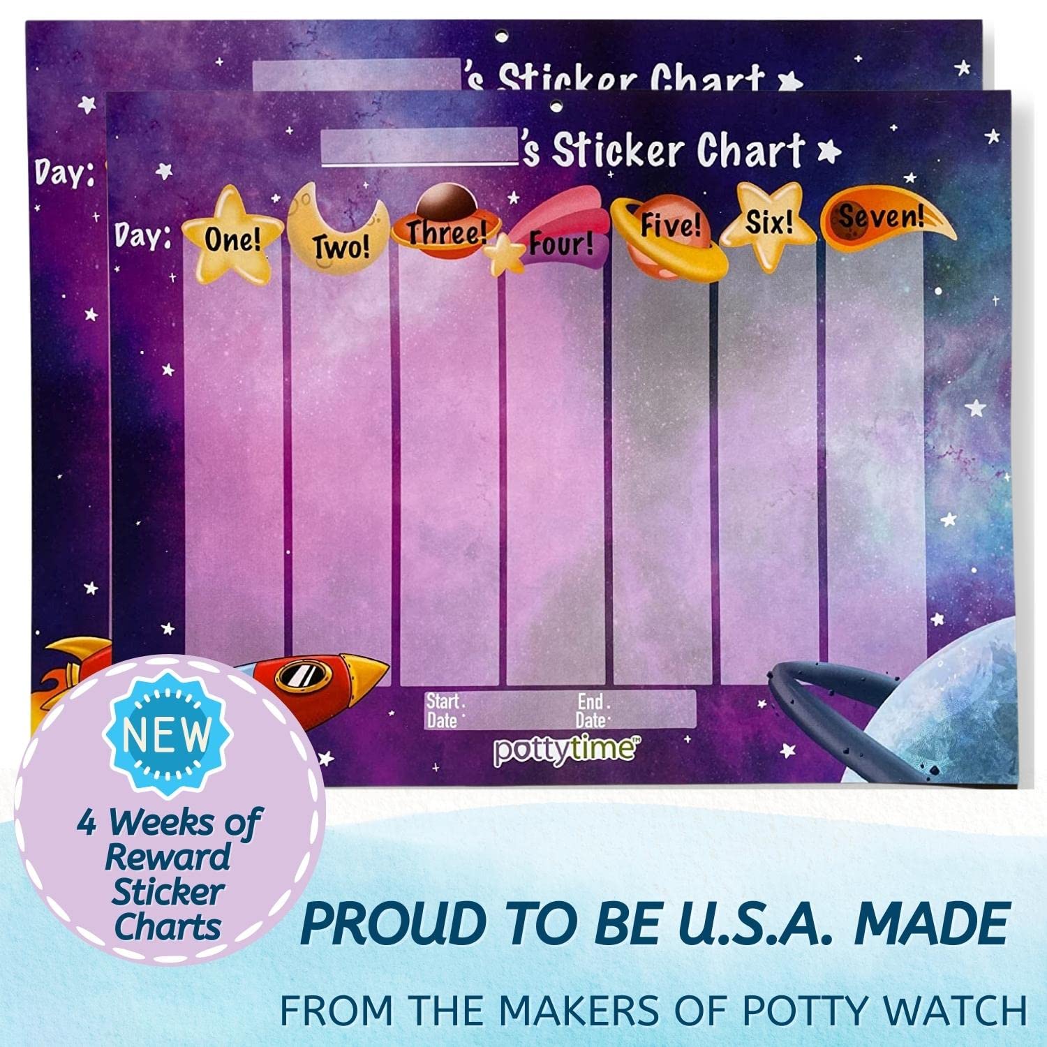 Potty Time four-week chart layout highlights progress across a space-themed plan.