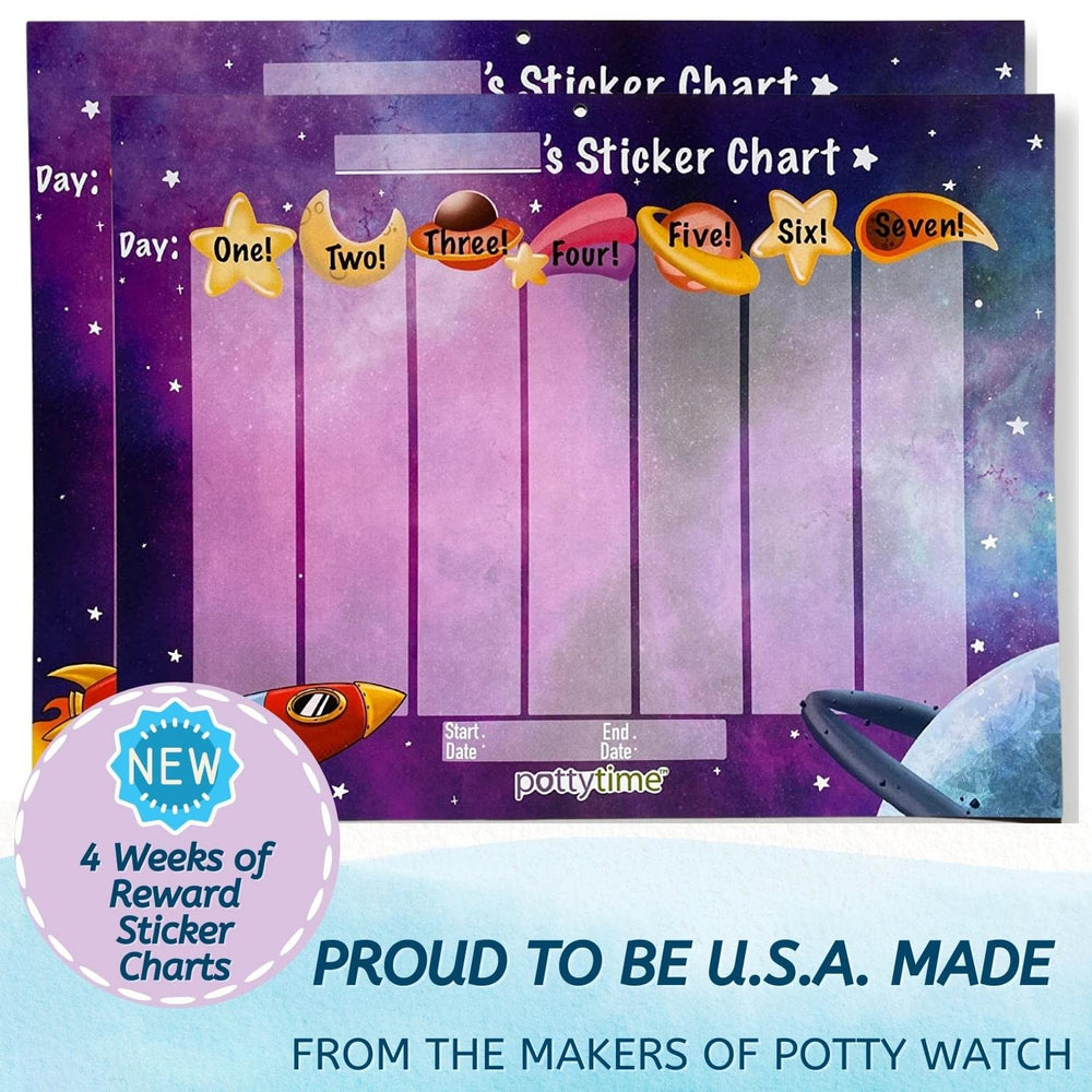 Potty Time four-week chart layout highlights progress across a space-themed plan.