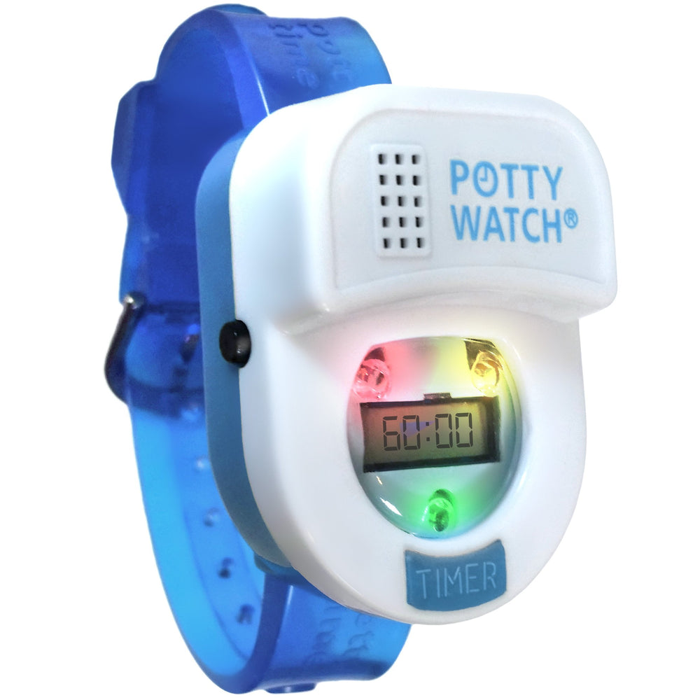 Potty Time Potty Watch blue face on a child’s wrist for friendly potty reminders.
