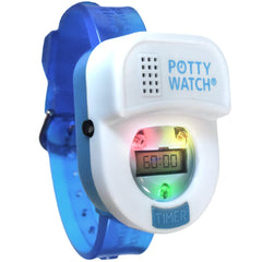 Potty Time Potty Watch blue face on a child’s wrist for friendly potty reminders.