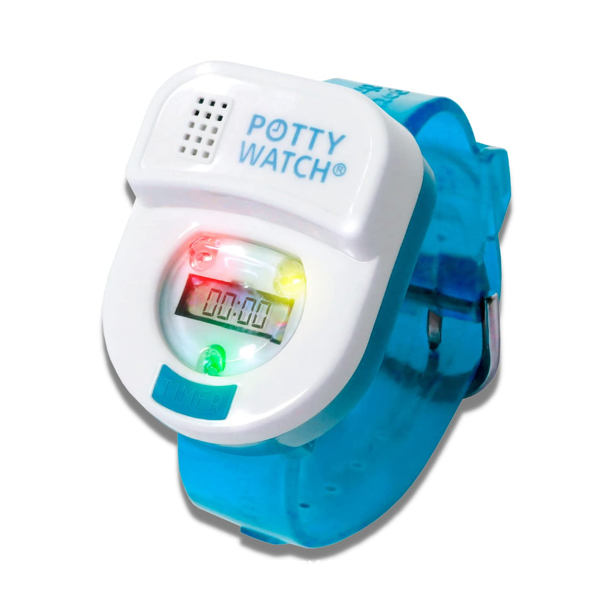 Potty Time Potty Watch blue front view with flashing lights to encourage potty breaks.