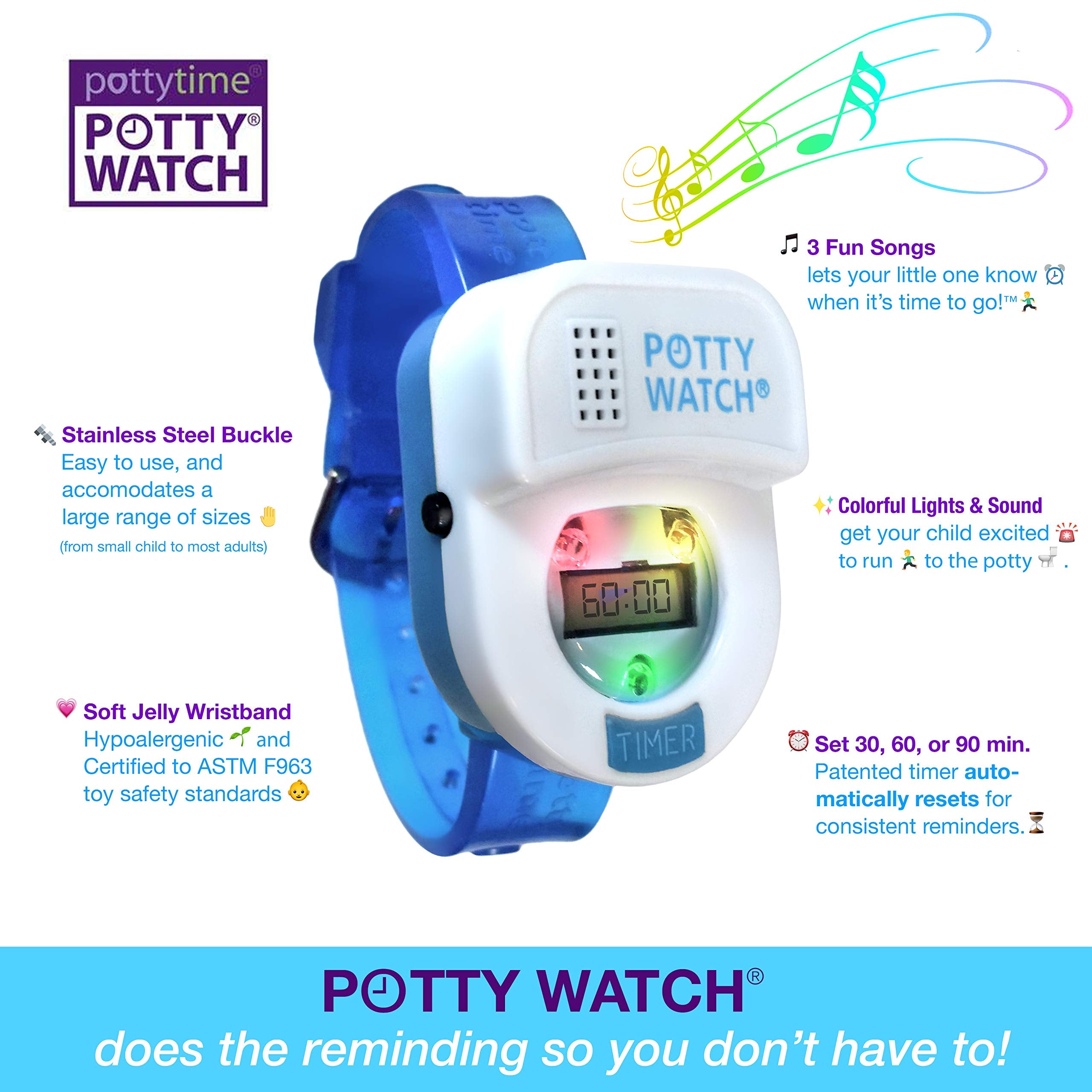 Close-up of Potty Time watch flashing lights during a reminder cue.