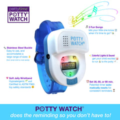 Close-up of Potty Time watch flashing lights during a reminder cue.