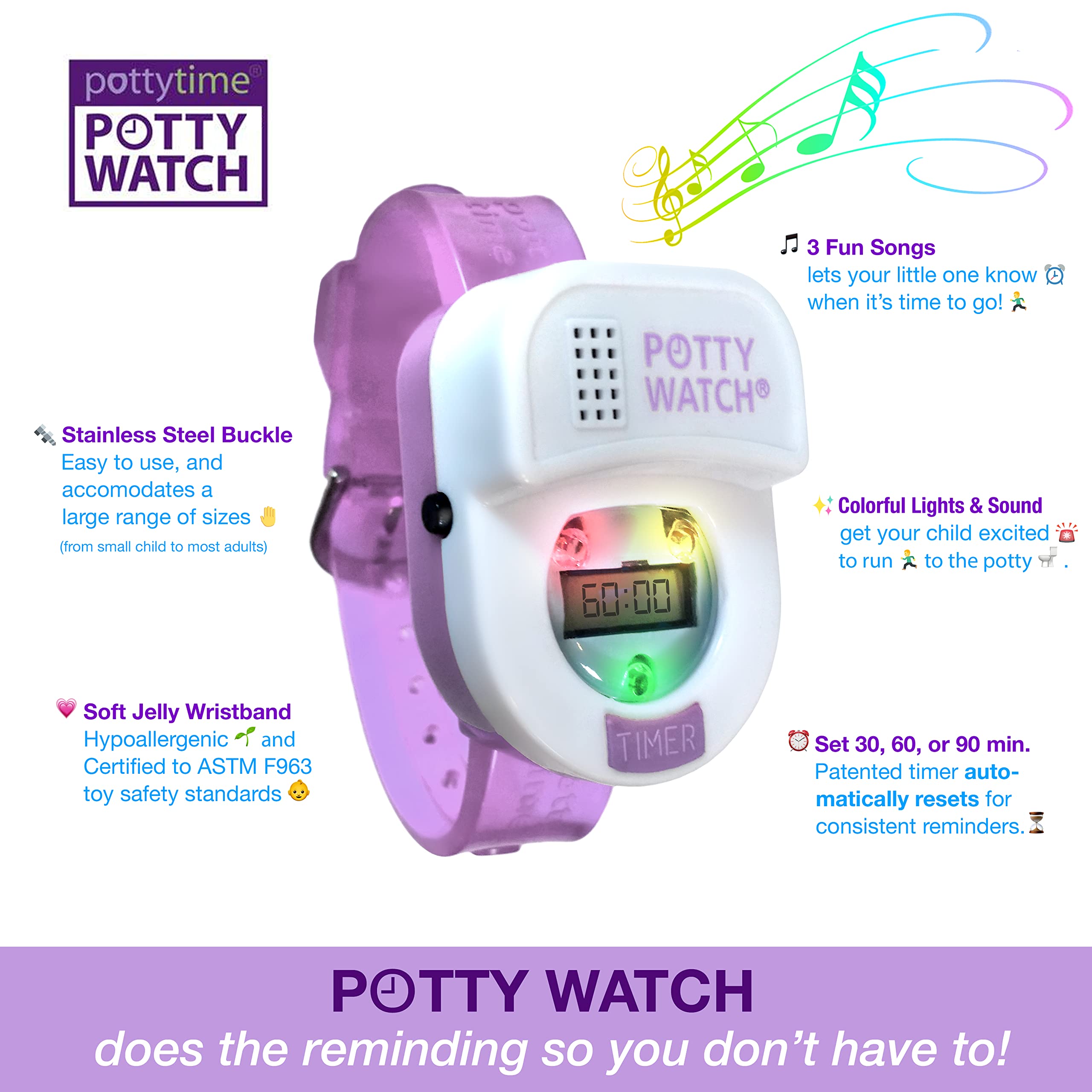 Potty Time Potty Watch lights flash with cheerful music.