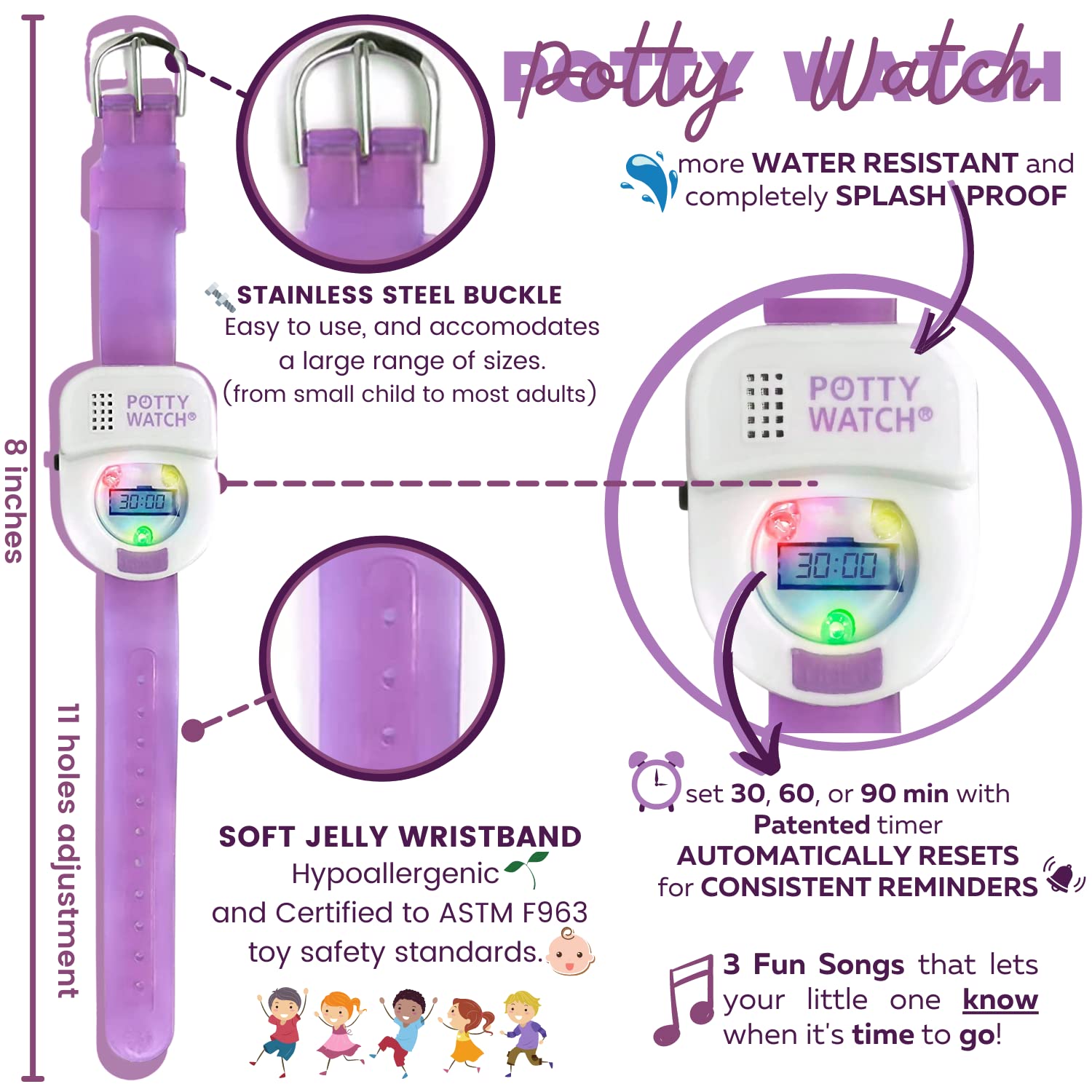 Potty Time Potty Watch purple strap demonstrates adjustable fit for kids.