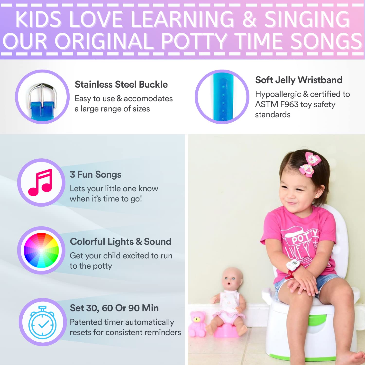 Potty Time purple watch 30-minute routine helps set regular potty visits.