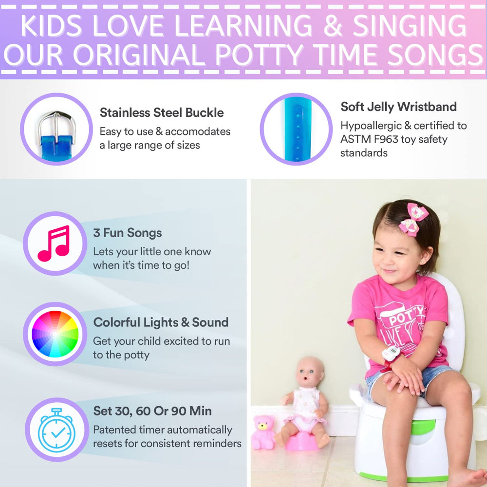 Potty Time purple watch 30-minute routine helps set regular potty visits.