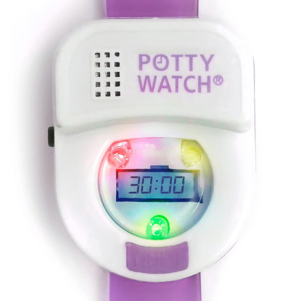 Potty Time purple watch adjustable strap ensures comfortable fit.