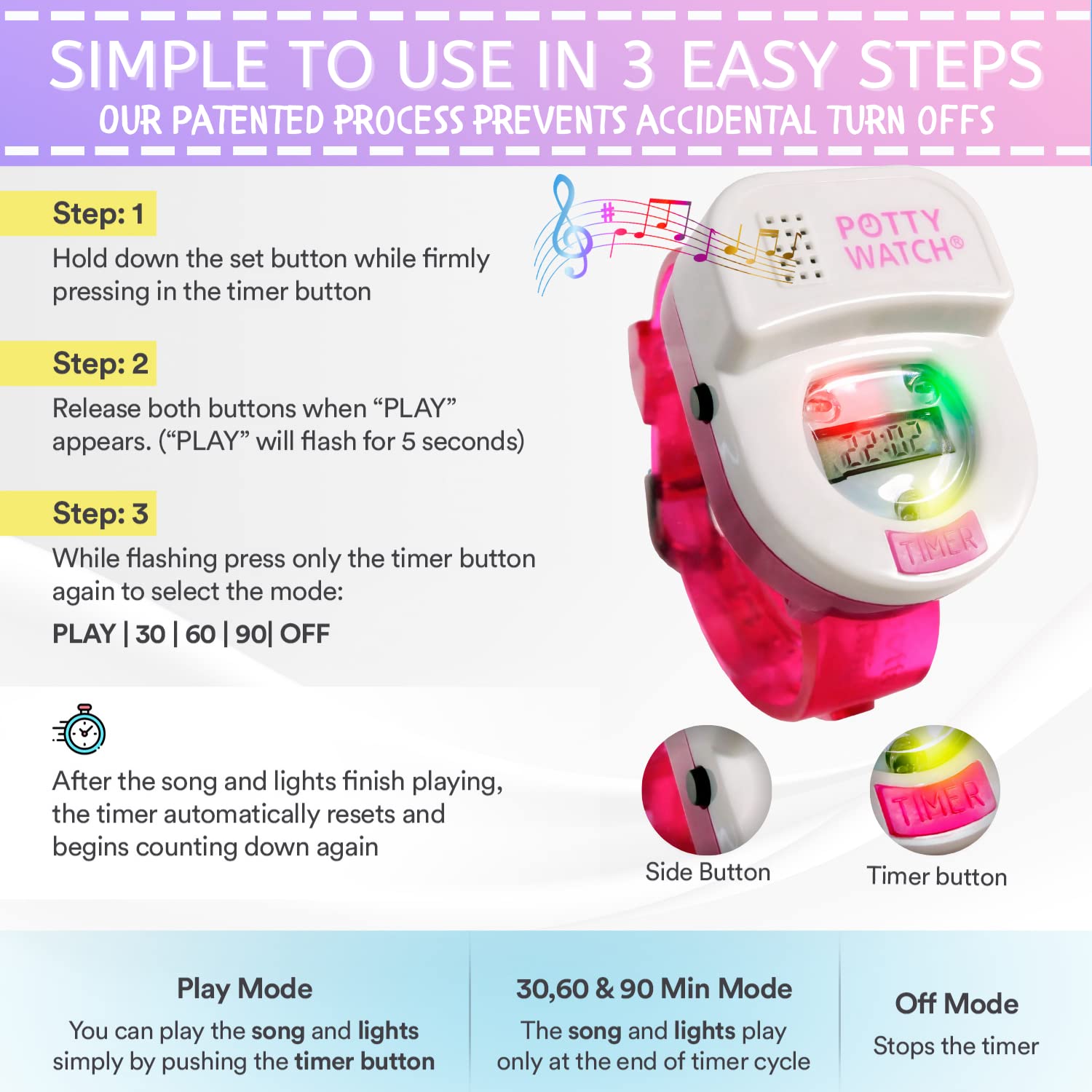 Potty Time purple watch LED lights flash to attract toddler attention.
