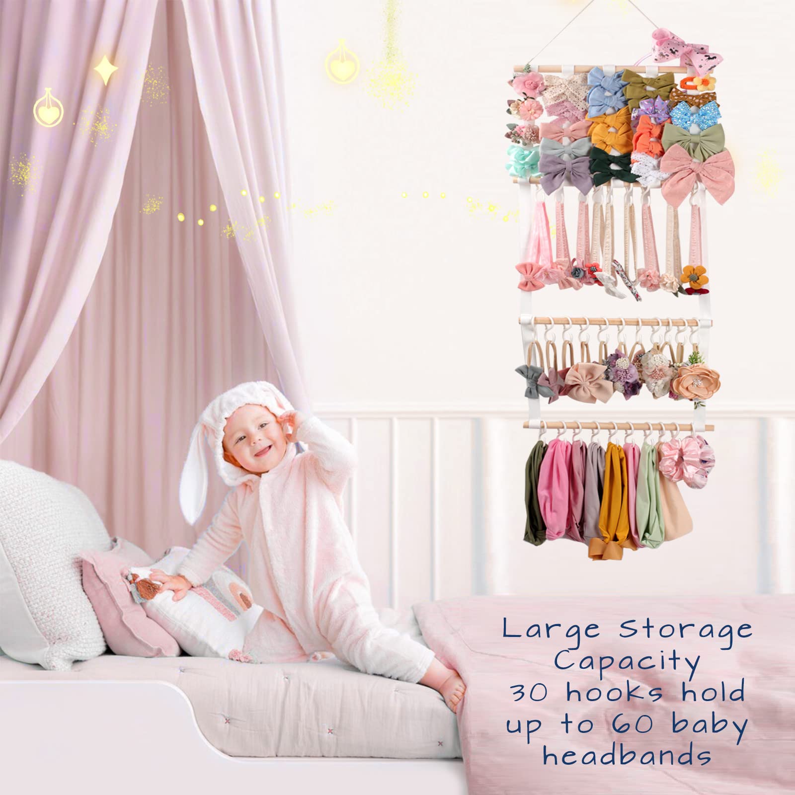 POVETIRE baby bow organizer hanging on cabinet shows 40 clips capacity for quick selection