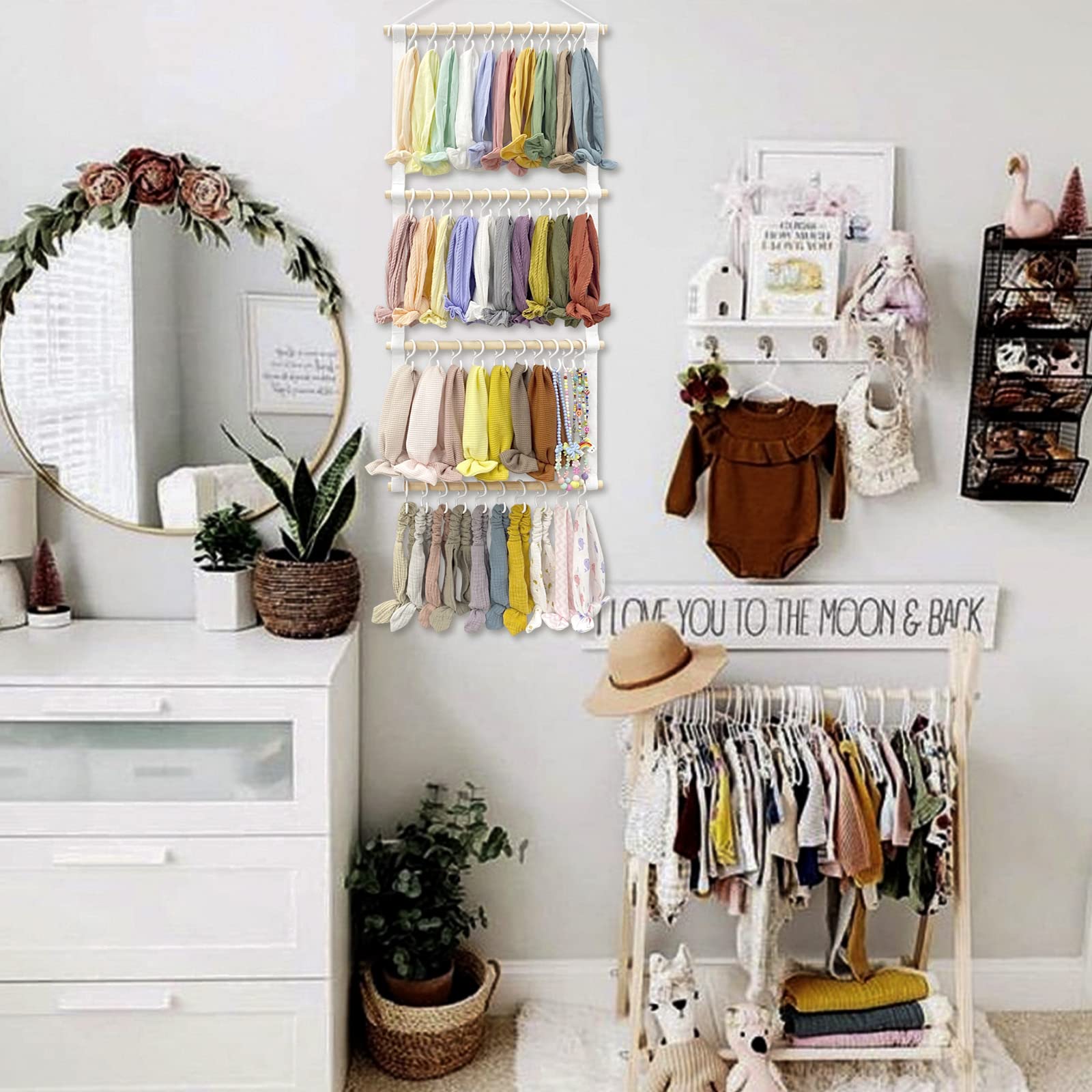 POVETIRE baby headband organizer hook closeup highlights sturdy, slip-resistant hooks.