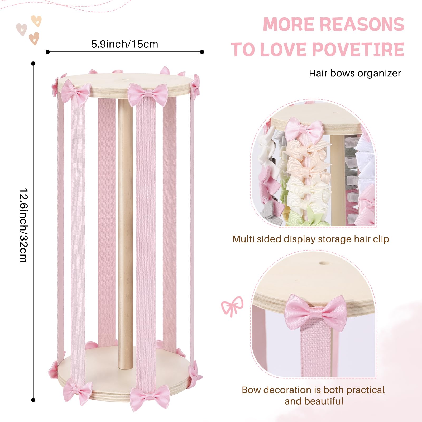 POVETIRE Wooden bow organizer on dresser decor keeps clips within reach