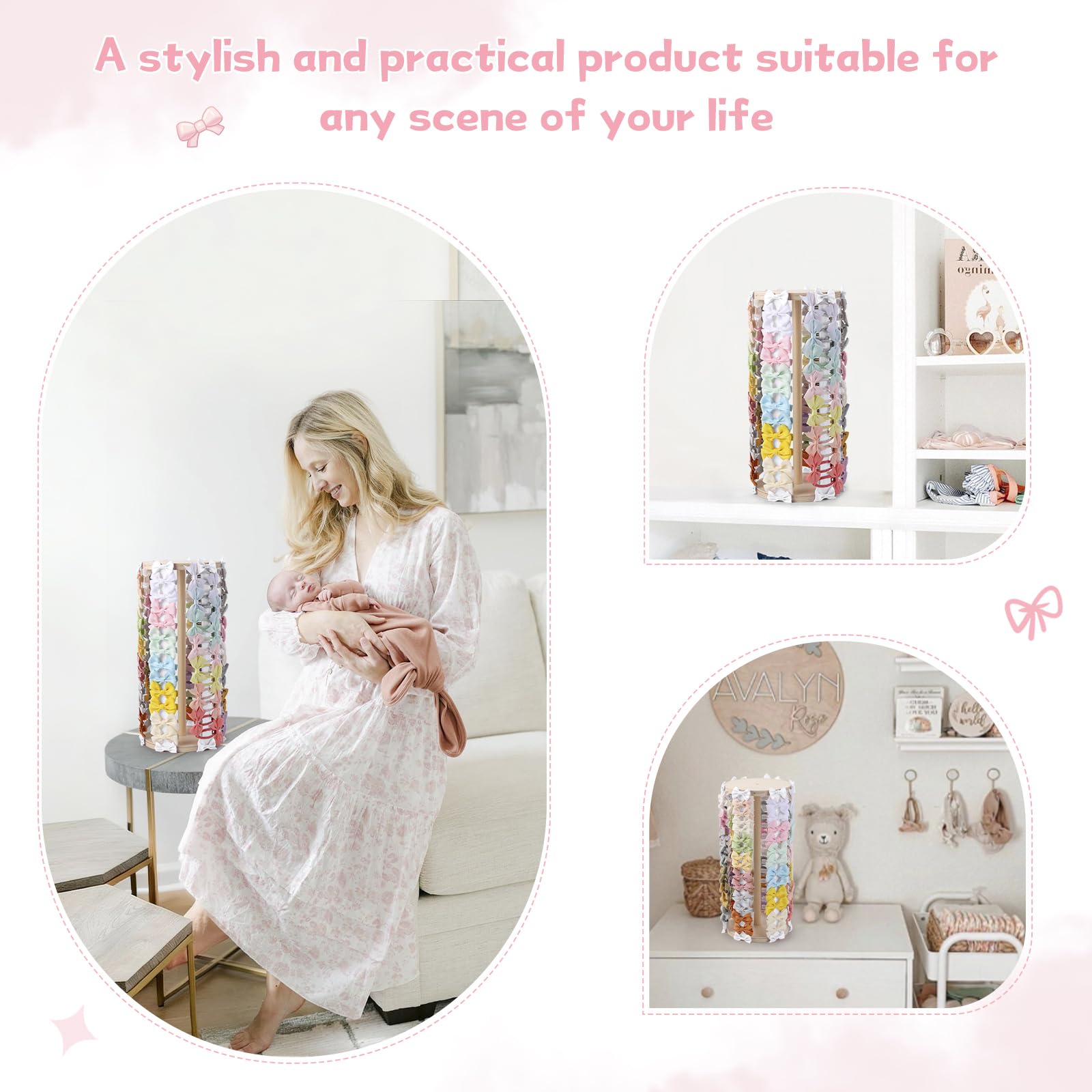 POVETIRE nursery decor idea shows organized hair bows for toddler room.
