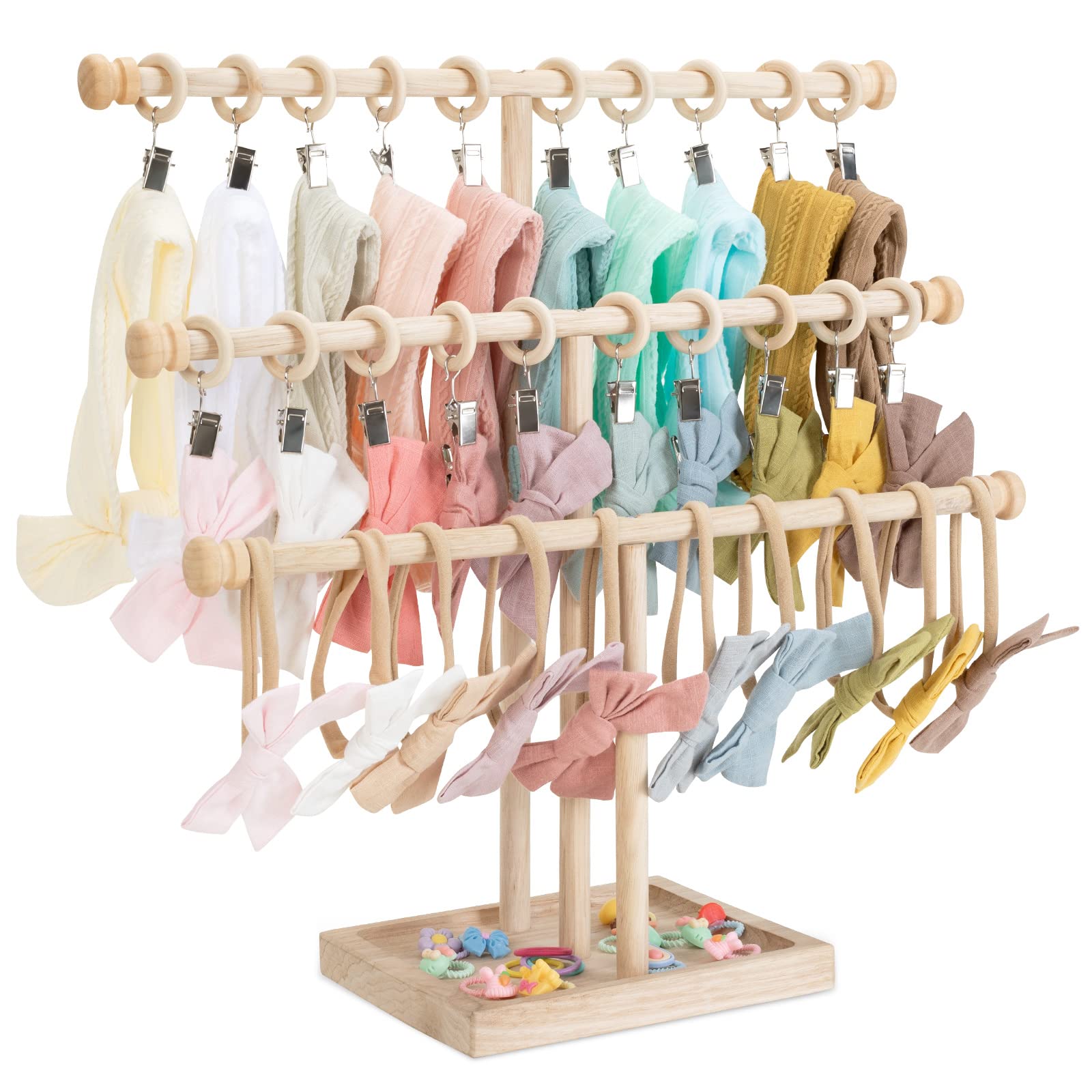 POVETIRE 3-tier headband holder on natural beech wood keeps bows neatly organized