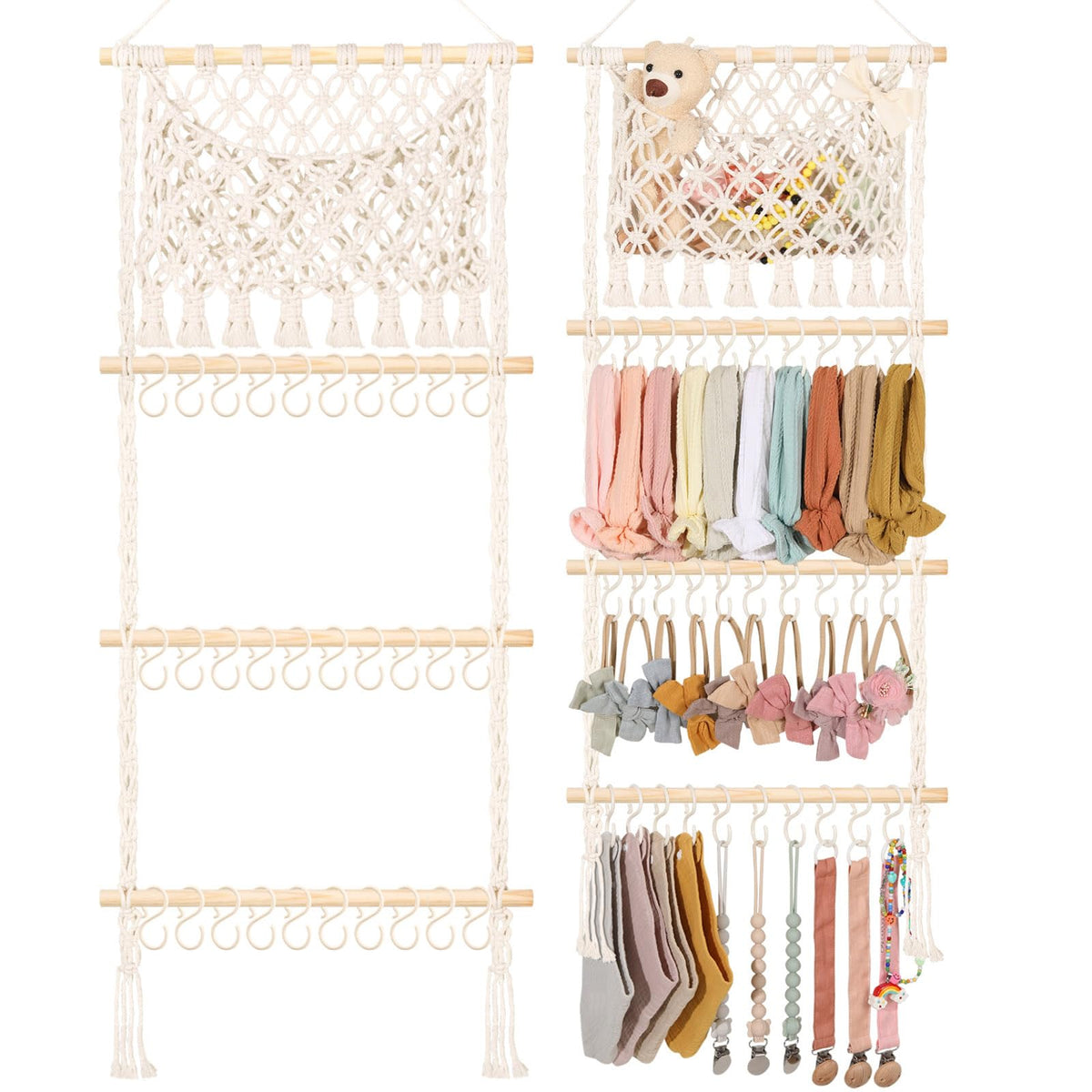 POVETIRE headband holder macrame wall hanging keeps headbands organized and stylish in the nursery.