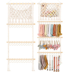 POVETIRE headband holder macrame wall hanging keeps headbands organized and stylish in the nursery.