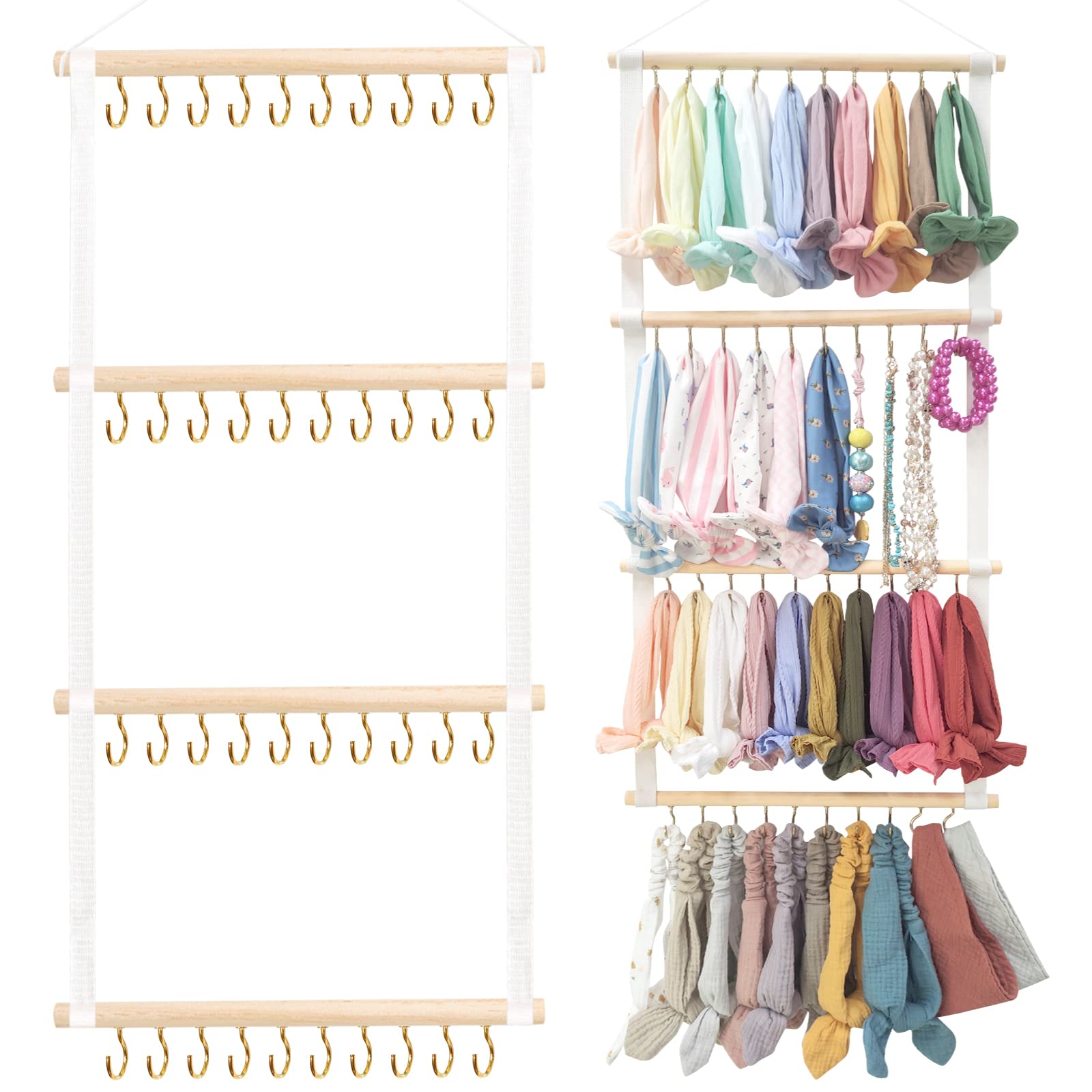 POVETIRE headband organizer on wall with 40 hooks for easy access
