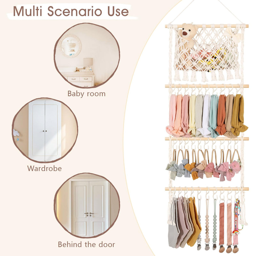 POVETIRE nursery bohemian décor blends with baby decor while organizing accessories.