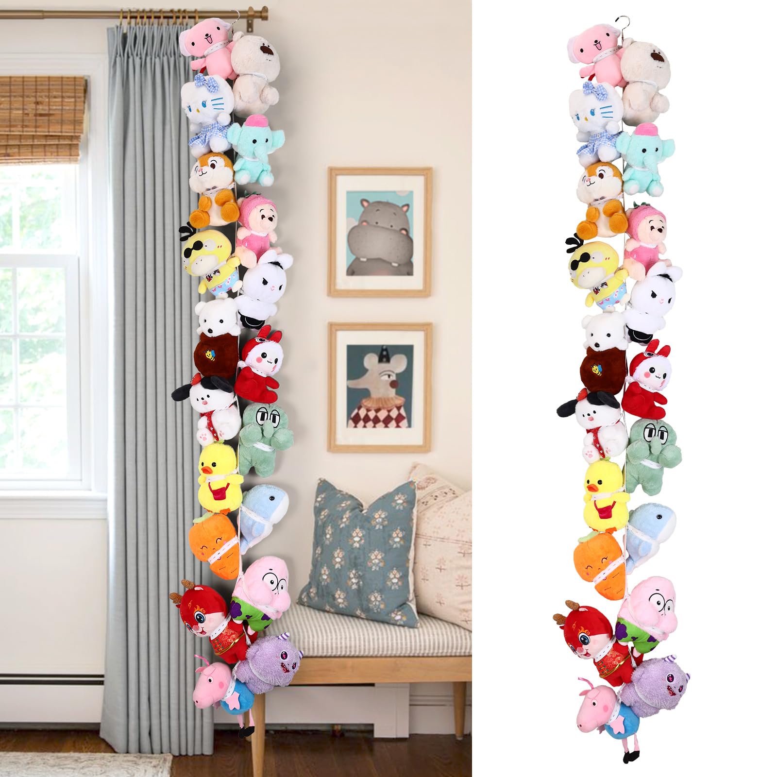 POVETIRE stuffed animal storage chain with 80-inch elastic band keeps toys organized and visible