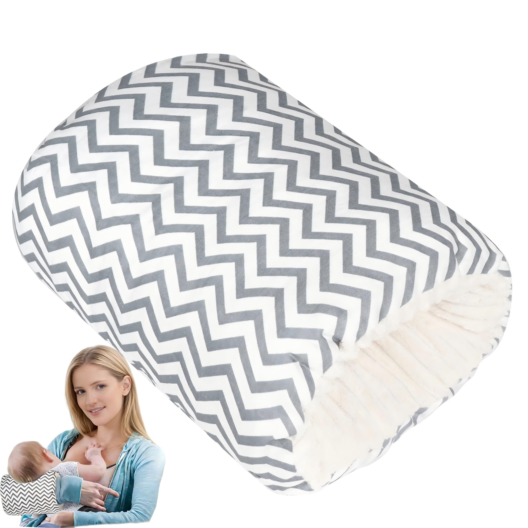 Povkufii nursing arm pillow in grey stripe supports gentle feeding.