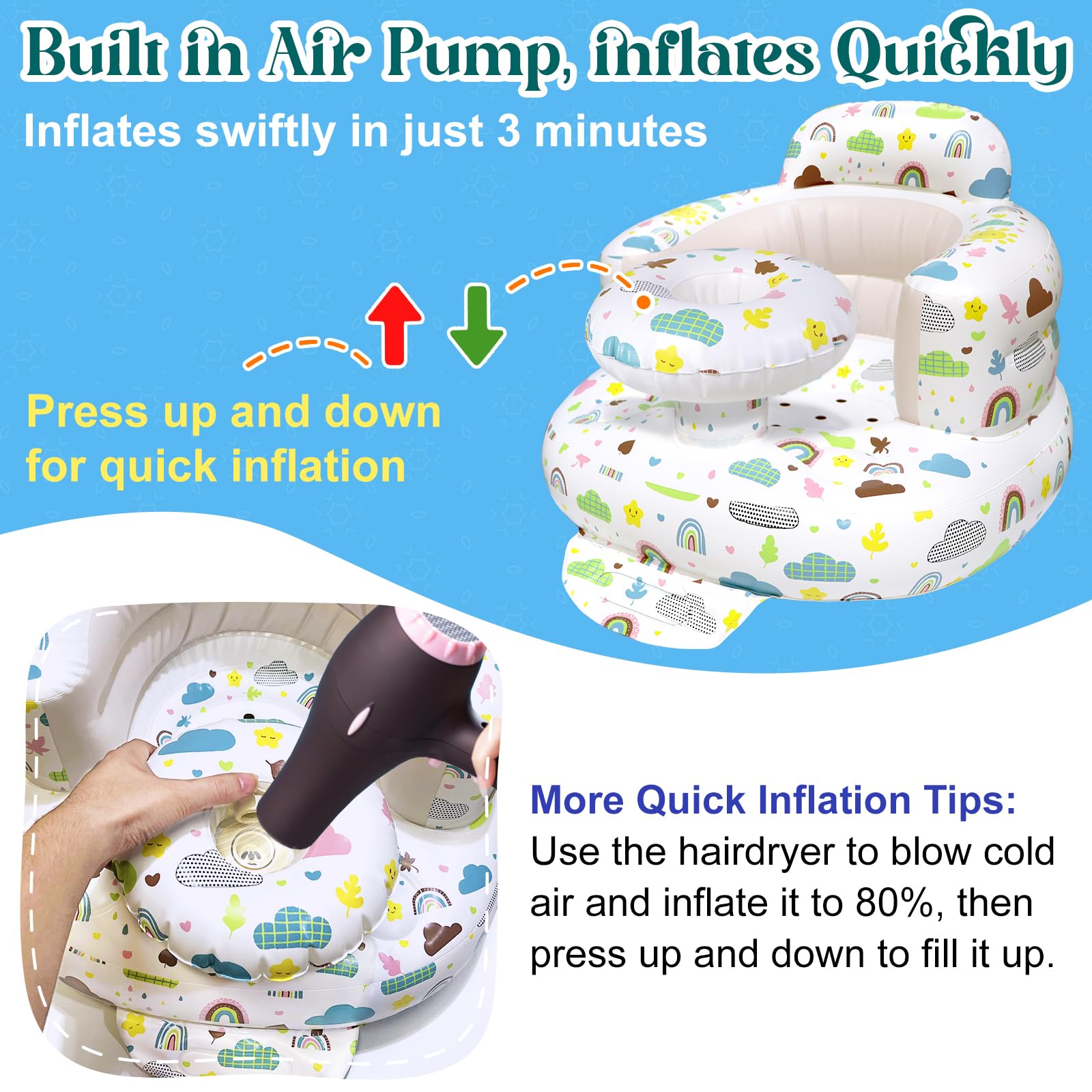 Poycuna inflatable baby seat with tray for meal time setup.