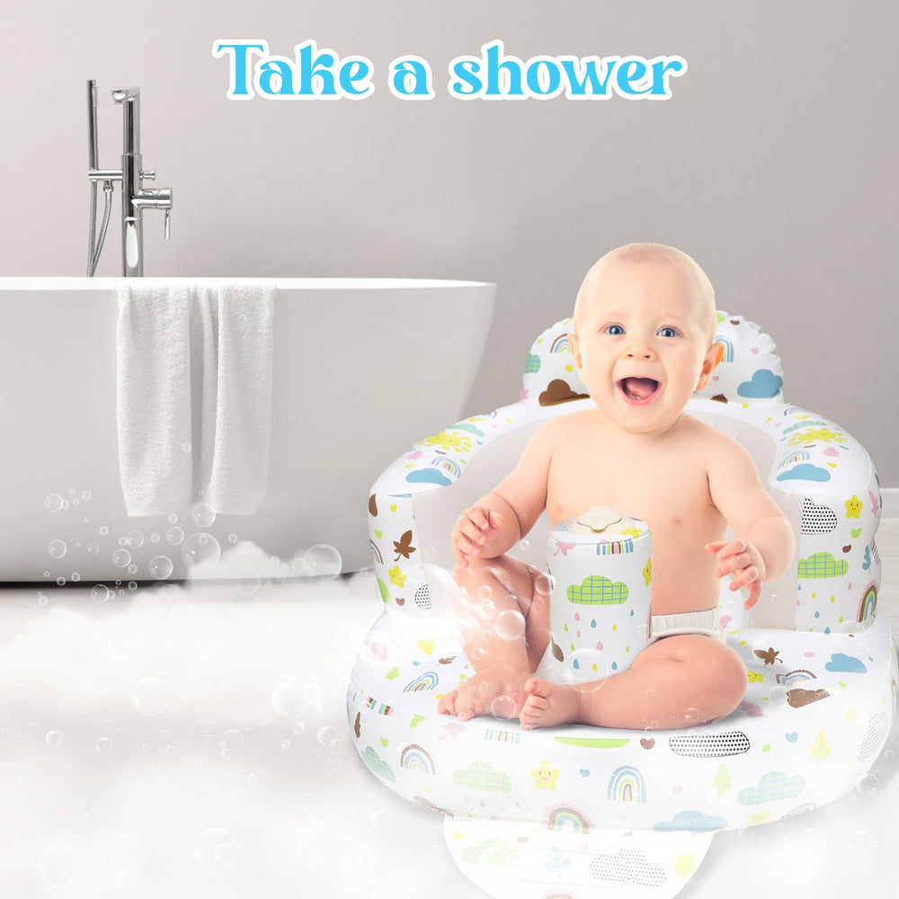 Poycuna inflatable baby seat with waterproof surface easy to clean after meals.