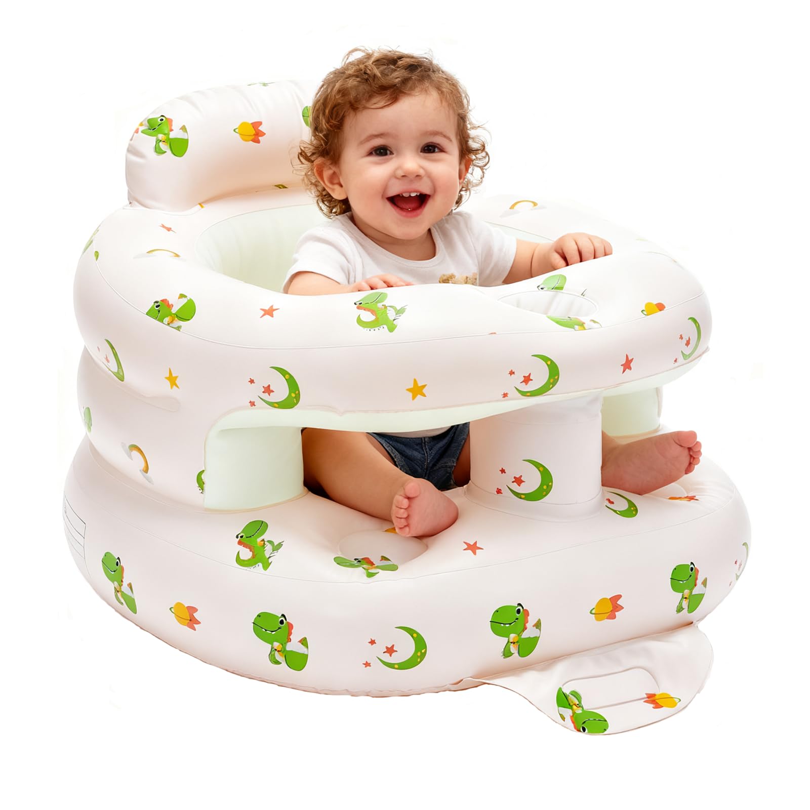 POZMTIORE green dinosaur inflatable baby seat shown in playful, sturdy seating for a child