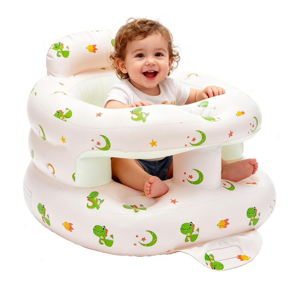 POZMTIORE green dinosaur inflatable baby seat shown in playful, sturdy seating for a child