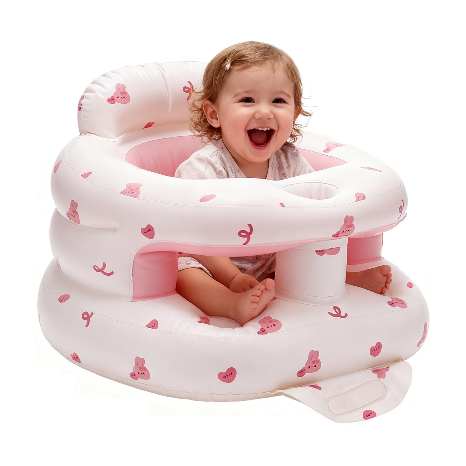 POZMTIORE inflatable baby seat front view in pink bunny, ideal for 3–36 months.