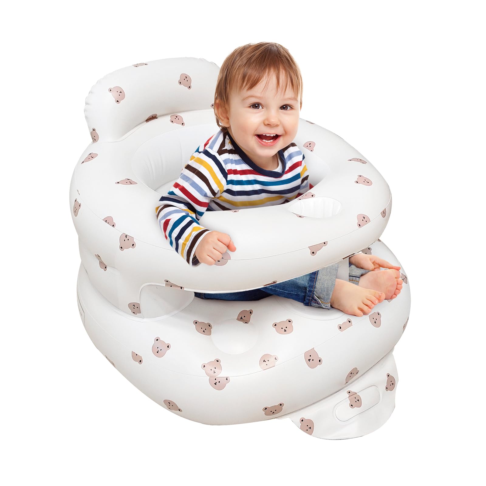 POZMTIORE inflatable baby seat with bear design provides cozy back support for floor time