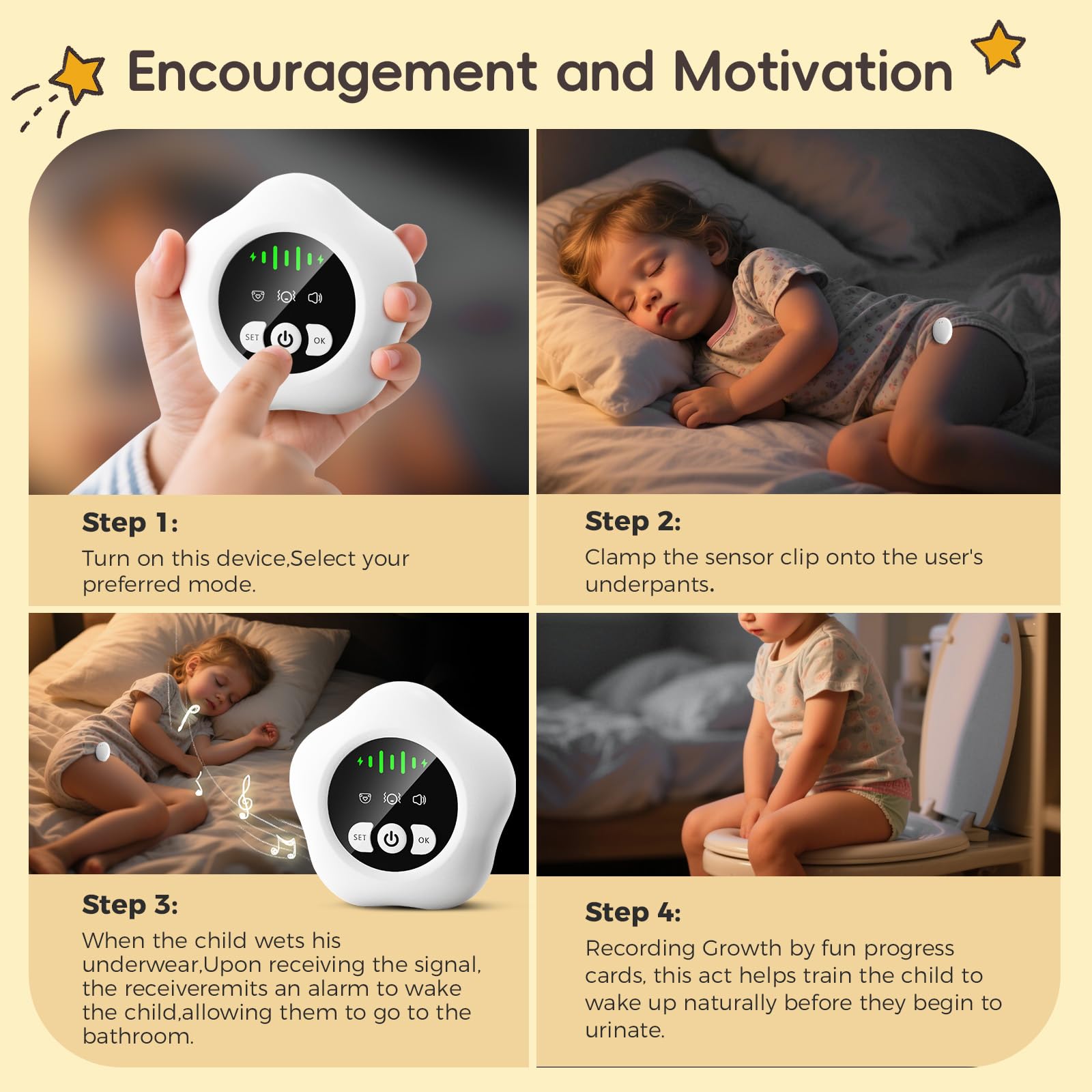 Prabensei bedwetting alarm receiver placed on bedside table for gentle wake prompts.