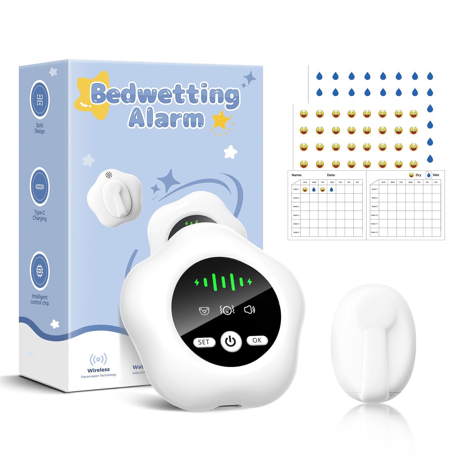 Prabensei bedwetting alarm transmitter clipped for secure moisture sensing.