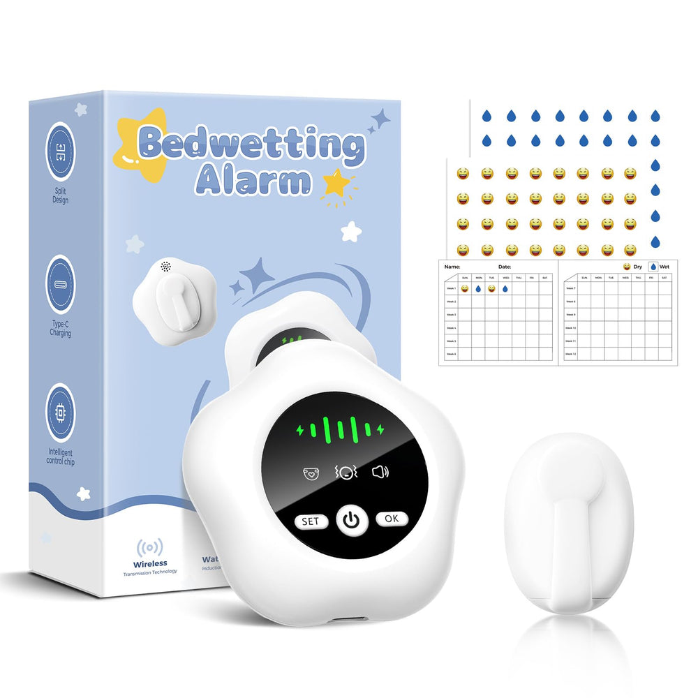 Prabensei bedwetting alarm transmitter clipped for secure moisture sensing.
