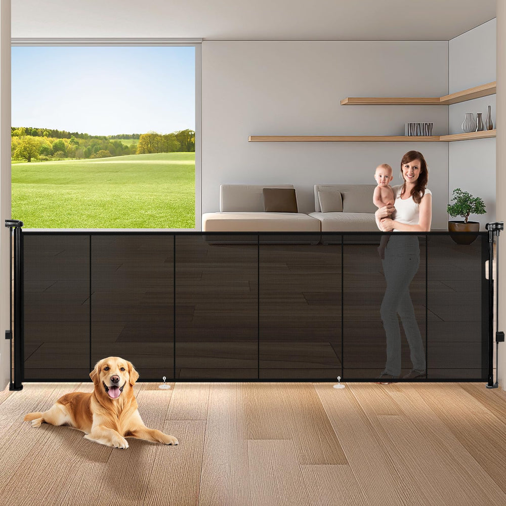 Pravoluxmax 120in retractable gate extended shows wide doorway safety for kids and pets.