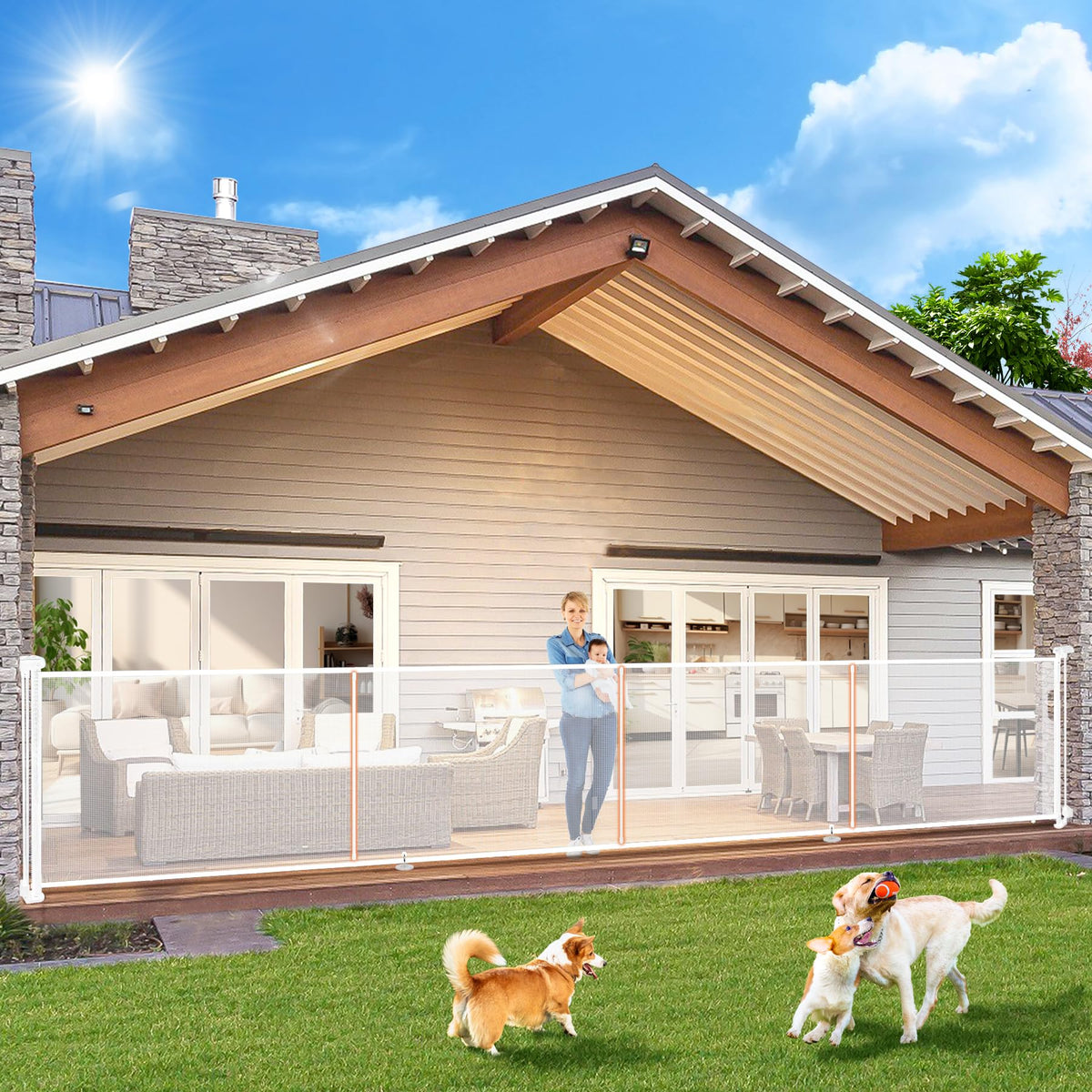Pravoluxmax 180-inch retractable gate at a wide doorway for safe large openings.