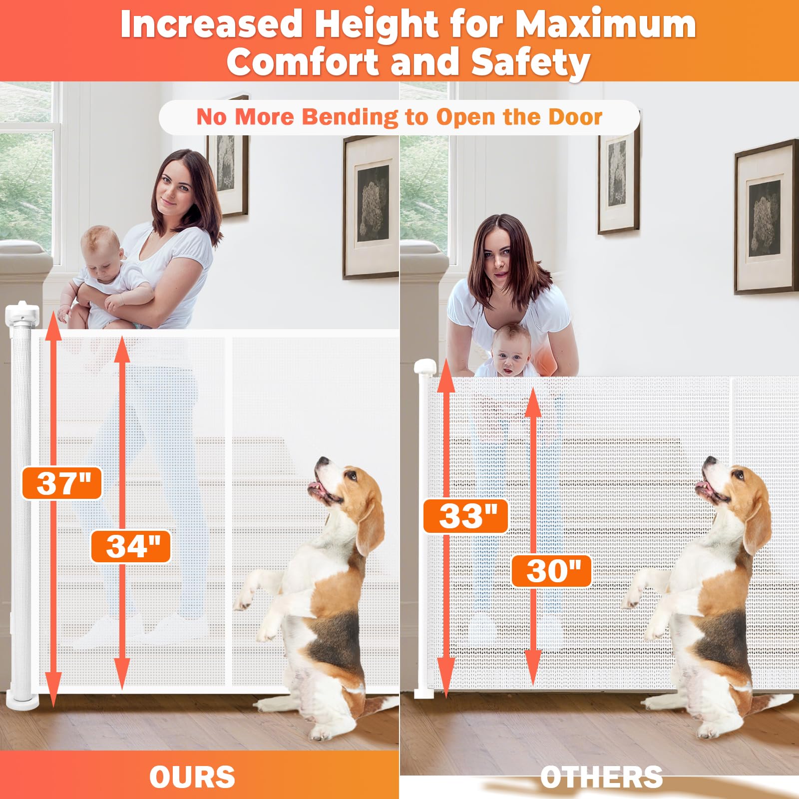 Pravoluxmax 34 inch tall gate adds height to deter climbing at stairs and entrances.