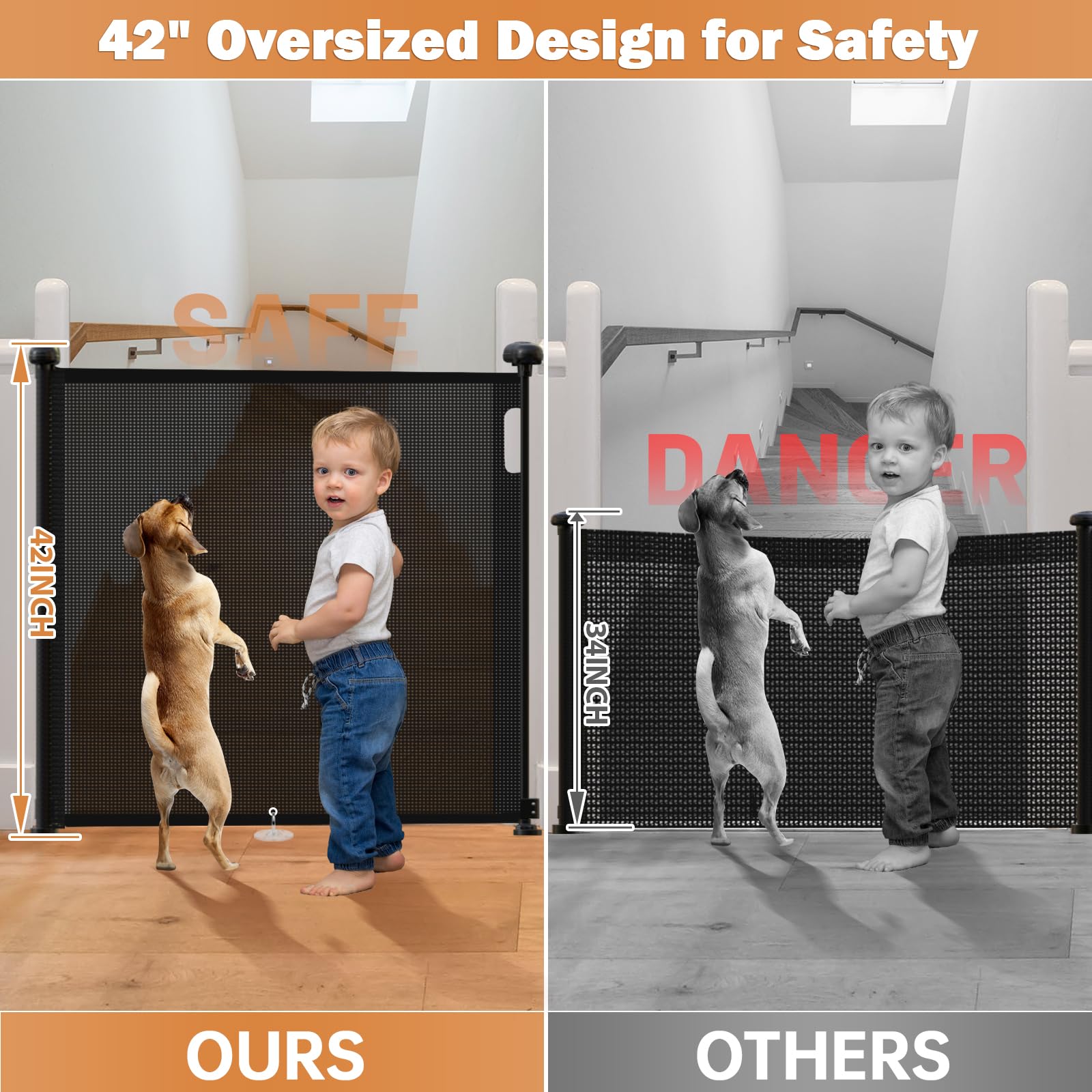Pravoluxmax 42in height mesh gate demonstrates a tall, safe barrier for toddlers and small dogs.
