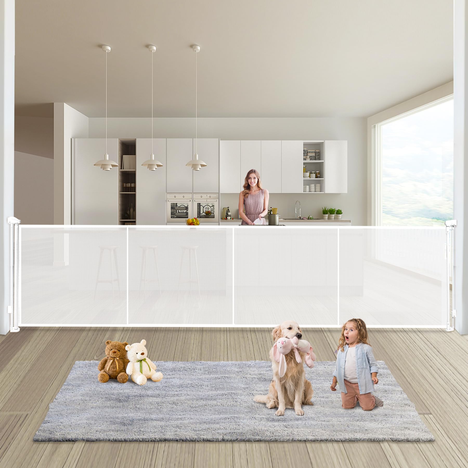 Pravoluxmax retractable baby gate for 200-inch openings keeps infants safe in wide spaces.