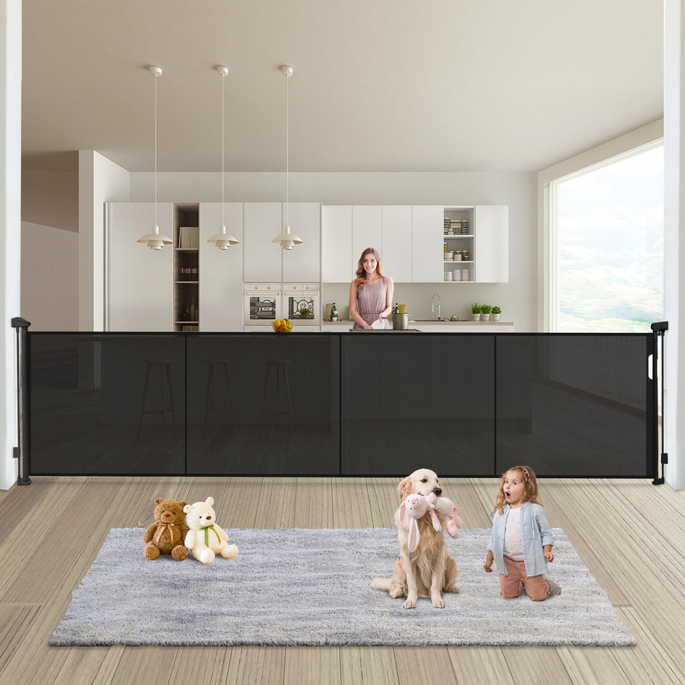 Pravoluxmax retractable gate extended to 200 inches for wide openings, ensuring safe passage