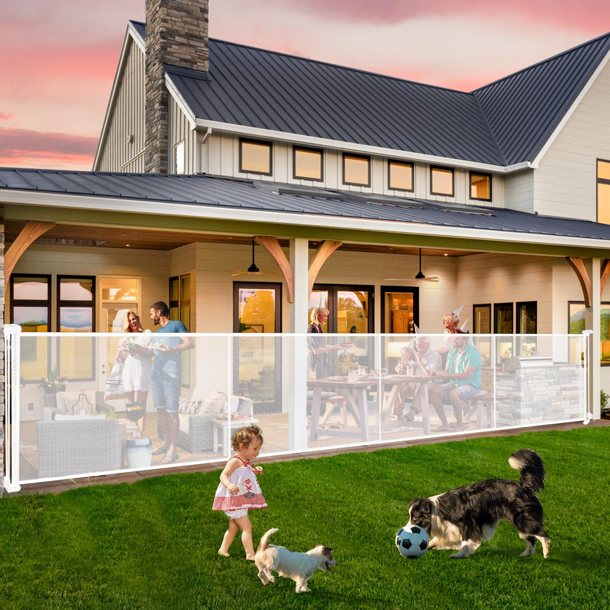 Pravoluxmax retractable gate extended to 200 inches for wide openings.