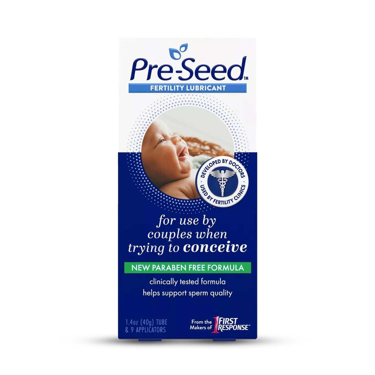 Pre-Seed 40g tube showing moisture-friendly formula for intimate use